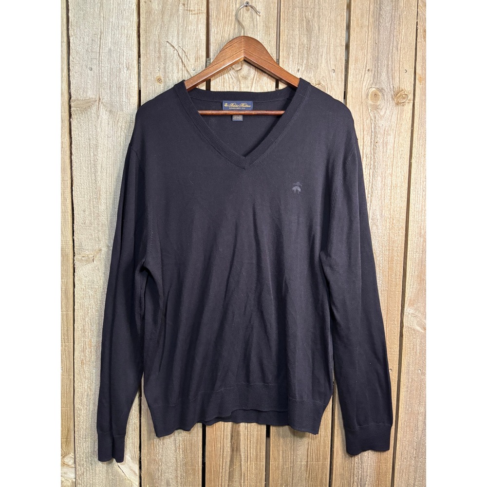Brooks Brothers Mens Navy Blue Merino Wool Blend V-Neck Sweater Size L 100161954